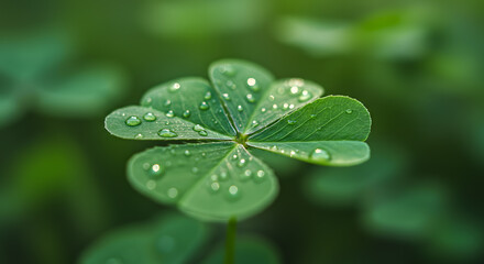 A close-up of a vibrant green four-leaf clover standing tall amidst a blurred green background. The leaves are glossy and well-defined, capturing the sunlight beautifully