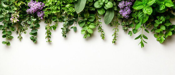Vibrant herb garden hanging decoration. Lush green herbs and colorful flowers hang elegantly from a light-colored surface, showcasing a fresh garden feel.