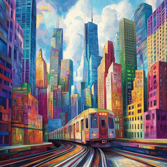 Fototapeta premium A colorful urban scene showcasing a train traveling through a bustling city. Skyscrapers and clouds enhance the vibrant atmosphere of city life