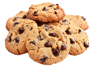 Freshly baked chocolate chip cookies piled high on a rustic wooden table ready to be enjoyed by all cookie lovers isolated on a white background.
