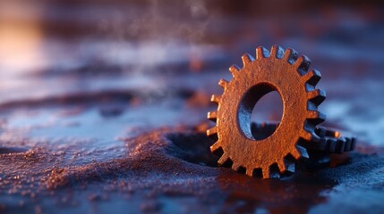 Rusty gear rests on wet ground, steam rising