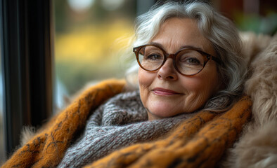 Cozy afternoon for a relaxed woman. A middle-aged woman with silver hair and glasses sits comfortably by a window with a soft blanket, smiling contently.