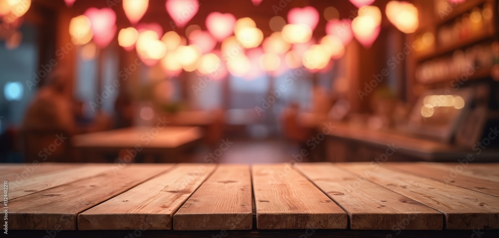 Poster Wooden table in front of blurred Valentine Day light background. Empty space for product display in cafe, bar or market. Valentines day, bokeh background on bar counter.