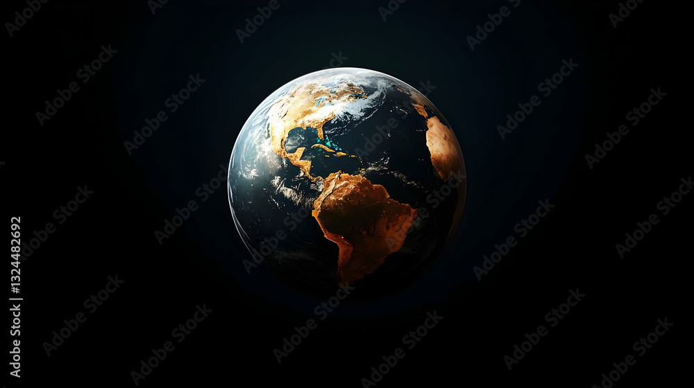 Poster pixelated globe representing earth in space with dark background and illuminated continents