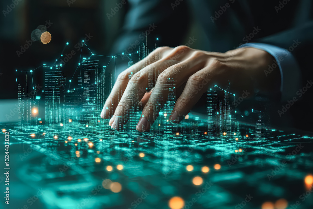 Poster hand is pointing at a cityscape on a computer screen. concept of control and precision as the hand n