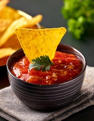 Spicy Fiesta: A tortilla chip proudly emerges from a vibrant bowl of salsa, promising a burst of flavor. alongside, a golden mountain of crispy chips promises a celebration of taste.