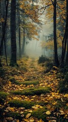 Moss-covered path leads through a dense autumn forest shrouded in morning mist