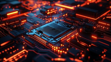 Obraz premium Abstract glowing circuit, motherboard backdrop. Technology, hardware, future concept. 3D Rendering.