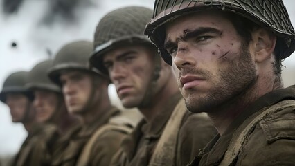 Fototapeta premium A group of soldiers in helmets, looking serious and battle-worn, reflecting the intensity of war and camaraderie. Concept Soldiers in Combat, Intense Brotherhood, War Tactics