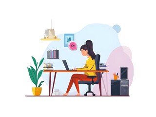 Businesswoman working remotely from home with a desk setup, female corporate employee executive working on laptop from home, work from home set up of a worker