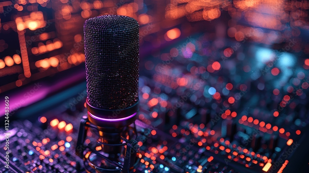 Poster a close up view showing a microphone on a desk