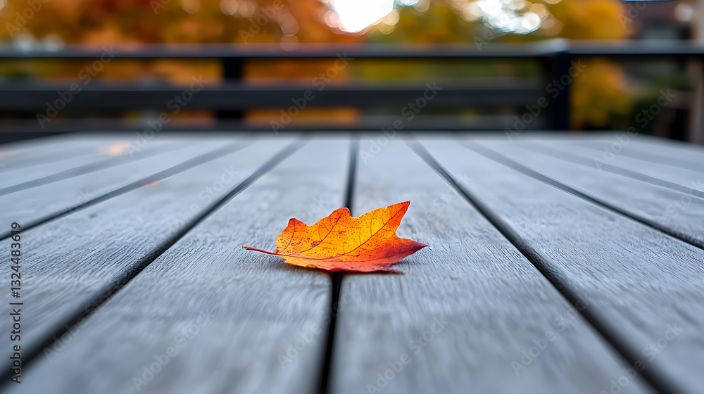 Poster close up image of colorful autumn leaf on a textured wooden table with blurred background