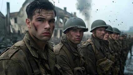 Fototapeta premium A group of soldiers in military uniforms, showing signs of battle weariness, amidst a war-torn landscape. Concept Soldiers in Uniform, Battle Weariness, War-Torn Landscape, Resilience in Adversity