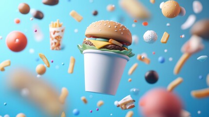 Floating Cheeseburger in Galactic Space with Colorful Fast Food