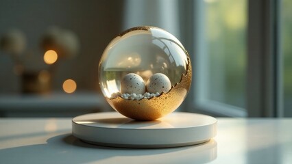 Elegant gold-accented glass sphere delicately cradling speckled eggs on a minimalist white base
