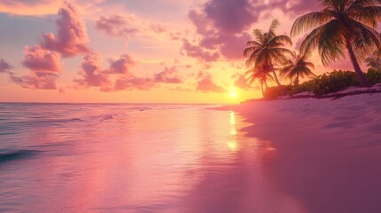 Warm pink and orange sunrise at a tranquil beach with palm trees and gentle waves