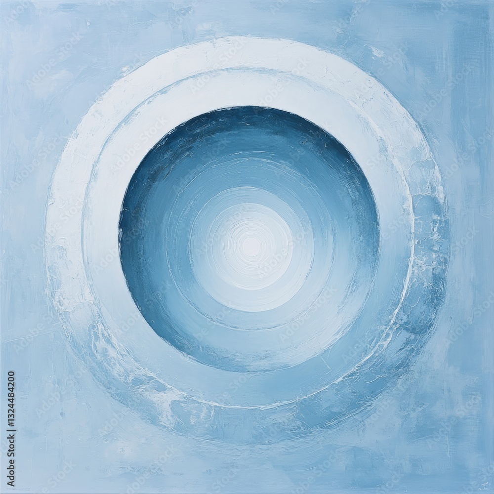 Poster minimalist abstract painting featuring concentric circles in soft blue tones, creating a calming and