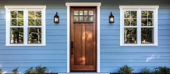 A colorful door with adjacent windows