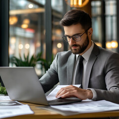 A manager reviewing supplier documents on a laptop