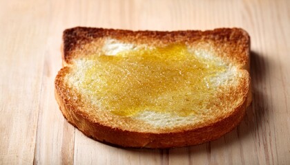 Golden Toast Delight: A perfectly toasted slice of bread, generously drizzled with golden honey, rests invitingly on a rustic wooden surface.