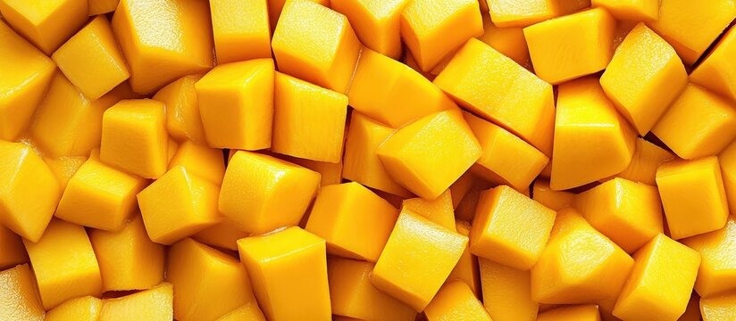 Close-up of fresh mango cubes on a wooden surface.