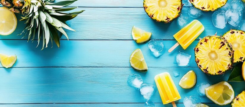 A vibrant summer fruit party with pineapple slices and popsicle sticks.