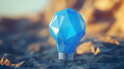 Abstract dialogue bubble inside digital light bulb in polygons and lines. Brainstorm or social media innovation concept. Low poly wireframe 3D vector illustration. Blue modern image on dark background