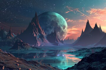 Fototapeta premium Stunning alien landscape with towering peaks and a massive planet in the evening sky