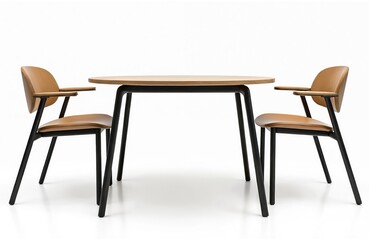 Modern furniture set for dining room. Round wooden table with black steel legs, two armchairs isolated on white background. Contemporary interior design for small spaces, minimalist decor for home,