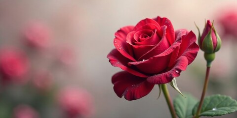 A single, deep crimson rose, glistening with morning dew, stands elegantly amidst a soft-focus backdrop of its companions, a testament to the beauty of nature's artistry.