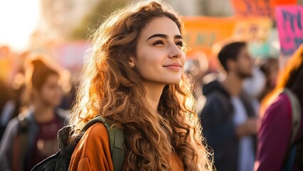 A young woman with curly hair smiles while participating in a lively outdoor event, surrounded by people and colorful signs. Concept Outdoor Events, Smiling Faces, Community Gatherings