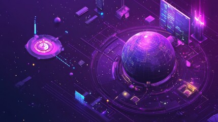 Isometric globe with lines around symbolizing global network connection, communication satellites and navigation system concept on ultra violet background. Vector 3d isometric illustration.