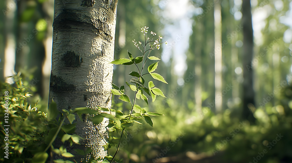 Poster lush green forest scene with aspen tree trunk in focus and sunlight filtering through canopy