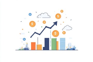 Obraz premium Conceptual business growth illustration with a red upward arrow, gold coin stacks, and minimalist bar chart on a clean background, representing financial success, investment, and economic progress.