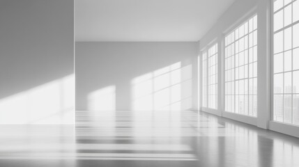Obraz premium Empty spacious light exhibition or gallery hall with front view on blank white wall, glossy concrete floor, white ceiling and windows. 3D rendering, mockup