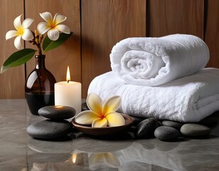 This image shows a scene set up for a spa, emphasizing tranquility and relaxation. The image is captured in a way that emphasizes warmth, softness, and dreamy light.