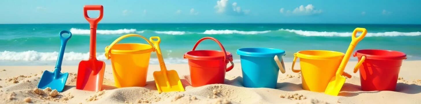 Assortment of sand buckets, shovels, and floaties on display at beach, shovels, floaties, fun