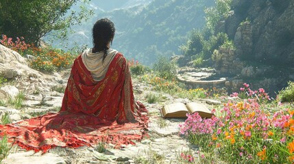 Contemplative Woman in Mountainous Landscape with a Book and Flowers