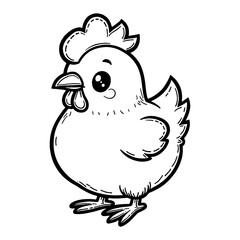 Cute Kawaii Chibi Chicken Standing with Detailed Black and White Outline Line Art Drawing