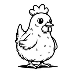 Cute Kawaii Chibi Chicken Standing Front View Detailed Simple Black and White Outline Line Art Drawing