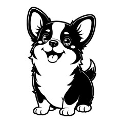 Cute Chibi Kawaii Corgi Dog Smiling with Tongue Out Detailed Black and White Outline Line Art Drawing