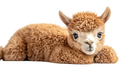 Fototapeta premium A charming baby alpaca with fluffy fur and big eyes, lying down on a transparent background.