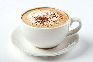 A close-up of a frothy cappuccino in a white cup on a minimalist background, showcasing rich textures