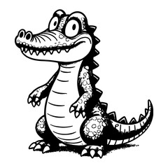 Cute Chibi Kawaii Crocodile Standing and Smiling Front View Black and White Outline Line Art Drawing