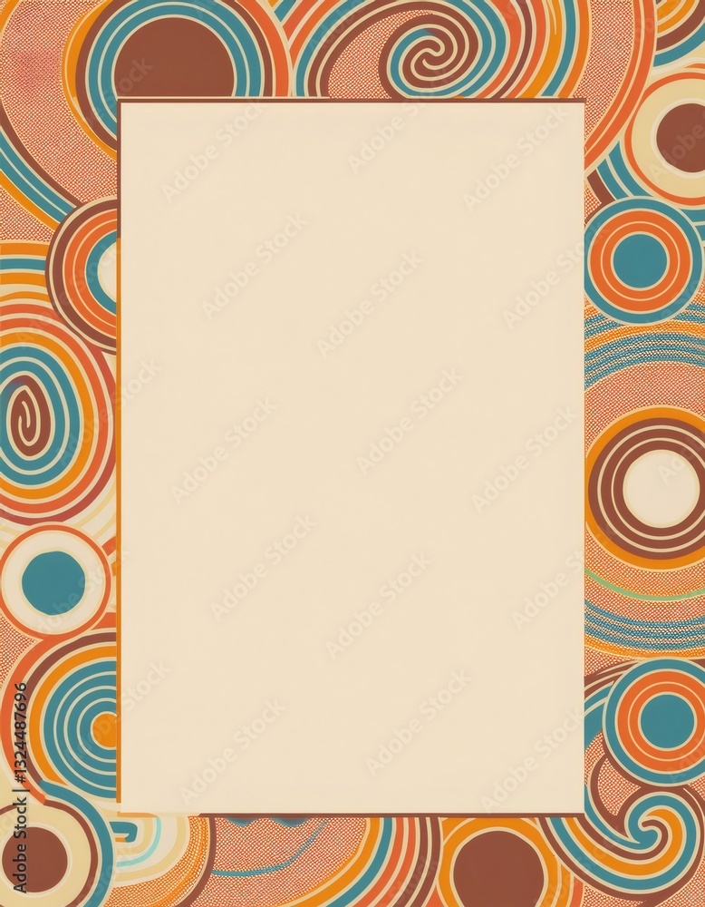 Poster retro 70s poster background with colorful circles and spirals creating a frame