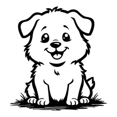 Adorable Cute Chibi Kawaii Dog Sitting Front View in Black and White Outline Line Art Drawing