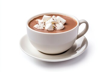 A cozy cup of hot chocolate topped with marshmallows, set against a clean white background