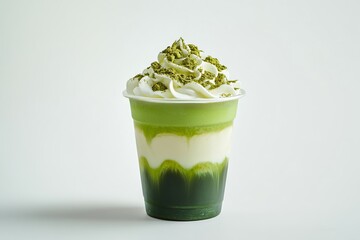 Creamy layered dessert in a cup with matcha and whipped cream, minimalist white backdrop