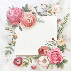 
Victorian-Inspired Floral Watercolor Frame with Blank White Card"