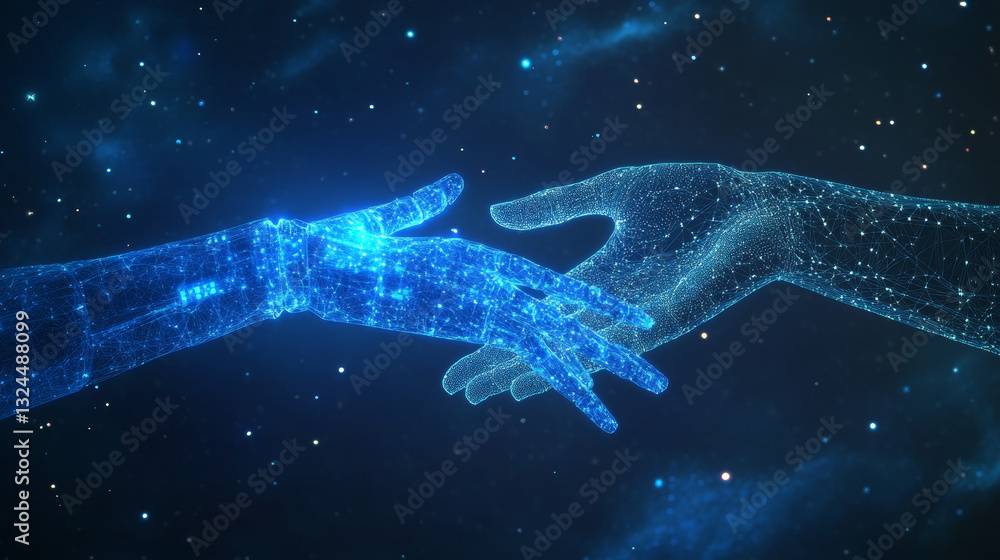 Aufkleber robot arm and hand human. touch technological concept. low poly blue. polygonal abstract health illu